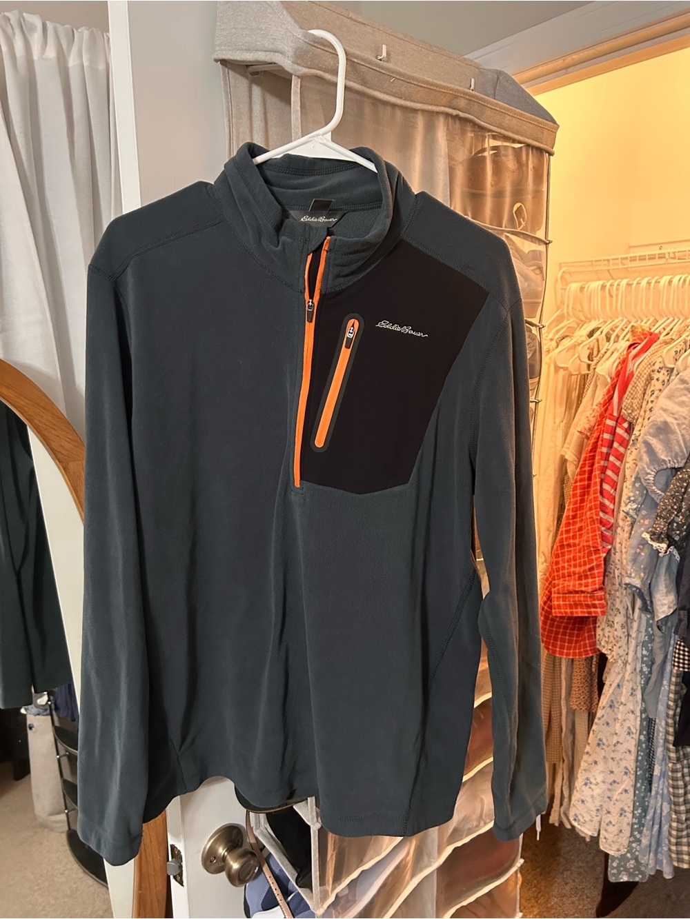 Eddie Bauer Dark Gray Blue Fleece Jacket with Orange Zipper